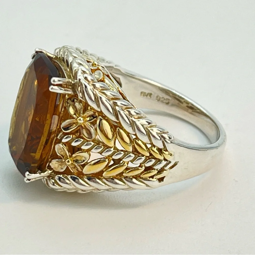 Silver Citrine & Gold Tone Ring | Large Faceted Gem Stone | 925 Sterling
